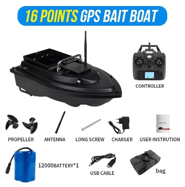 F18 - Barca mangiatoia radiocomandata - Navigazione GPS - Batteria da 12000 mAh - Portata 600 m - Capacità di carico 2 kg - Doppio motore - Ritorno automatico