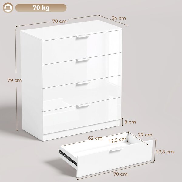HOMCOM Cassettiera Bianca Lucida con 4 Cassetti e Guide Scorrevoli | Aosom Italy