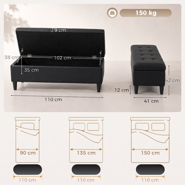 HOMCOM Cassapanca 136L Pouf Contenitore Poggiapiedi Grande 110x41x42cm, Finta Pelle adatta agli Animali Domestici, Nero | Aosom Italy