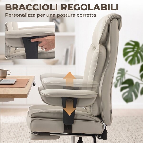 HOMCOM Sedia Ufficio Girevole Reclinabile 135° Finta Pelle, Poggiapiedi, Braccioli e Altezza Regolabili, Grigio Chiaro | Aosom Italy