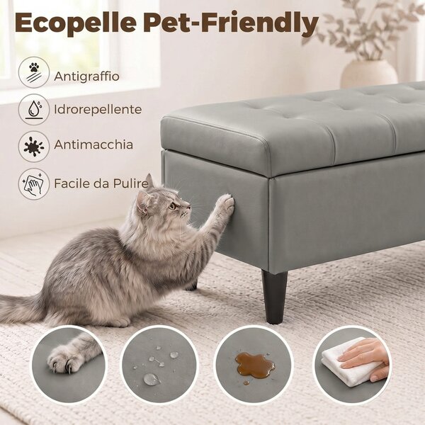 HOMCOM Cassapanca 136L Pouf Contenitore Poggiapiedi Grande 110x41x42cm, Finta Pelle adatta agli Animali Domestici Grigio | Aosom Italy
