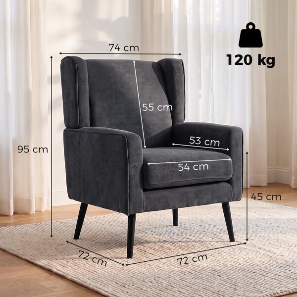 HOMCOM Poltrona Camera da Letto in Ciniglia Stile Moderno di Metà Secolo con Gambe in Legno di Caucciù, Grigio Scuro | Aosom Italy