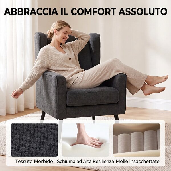HOMCOM Poltrona Camera da Letto in Ciniglia Stile Moderno di Metà Secolo con Gambe in Legno di Caucciù, Grigio Scuro | Aosom Italy