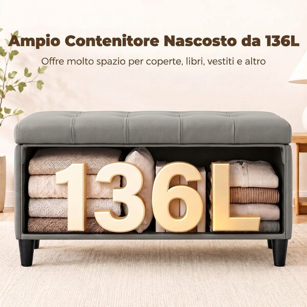 HOMCOM Cassapanca 136L Pouf Contenitore Poggiapiedi Grande 110x41x42cm, Finta Pelle adatta agli Animali Domestici Grigio | Aosom Italy
