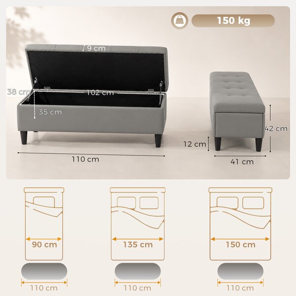 HOMCOM Cassapanca 136L Pouf Contenitore Poggiapiedi Grande 110x41x42cm, Finta Pelle adatta agli Animali Domestici Grigio | Aosom Italy