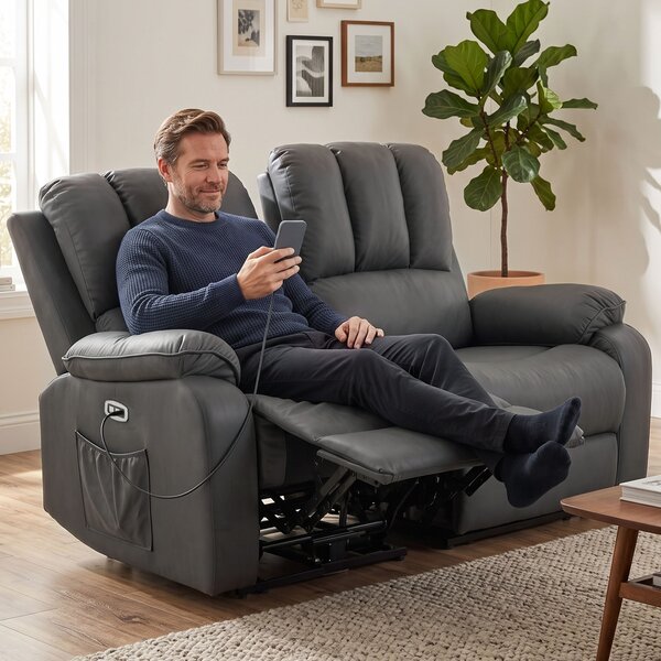 HOMCOM Divano Reclinabile Elettrico 135° 2 Posti con Massaggio e Riscaldamento, in Tessuto Effetto Pelle, Grigio Scuro | Aosom Italy