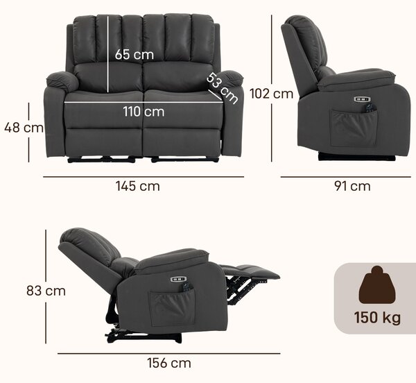 HOMCOM Divano Reclinabile Elettrico 135° 2 Posti con Massaggio e Riscaldamento, in Tessuto Effetto Pelle, Grigio Scuro | Aosom Italy