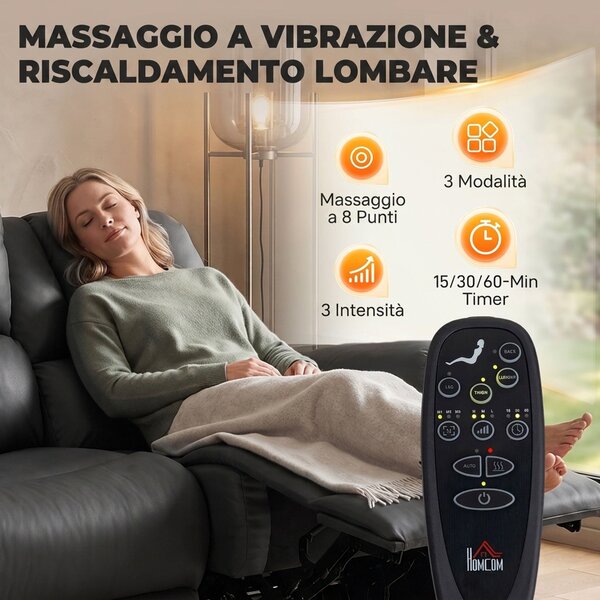 HOMCOM Divano Reclinabile Elettrico 135° 2 Posti con Massaggio e Riscaldamento, in Tessuto Effetto Pelle, Grigio Scuro | Aosom Italy