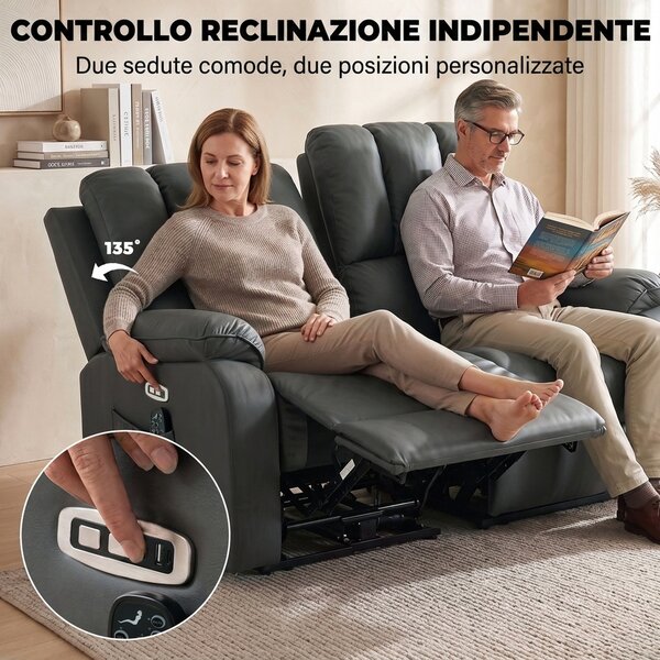 HOMCOM Divano Reclinabile Elettrico 135° 2 Posti con Massaggio e Riscaldamento, in Tessuto Effetto Pelle, Grigio Scuro | Aosom Italy