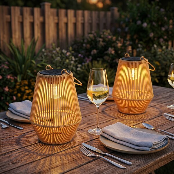 Outsunny Set di 2 Lampade Solari in Rattan,con Accensione/Spegnimento Automatico, IP44, 16x16x21 cm, Marrone | Aosom Italy