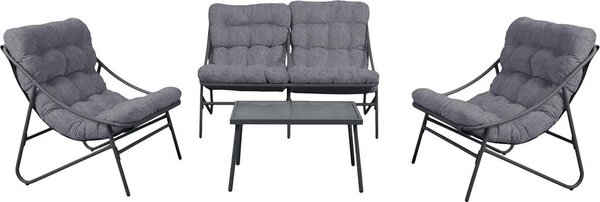 Set da giardino: divano, 2 sedie, tavolo in acciaio con piano in vetro, grigio, 128 x 85 x 95 cm