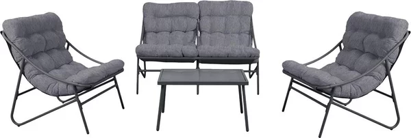 Set da giardino: divano, 2 sedie, tavolo in acciaio con piano in vetro, grigio, 128 x 85 x 95 cm