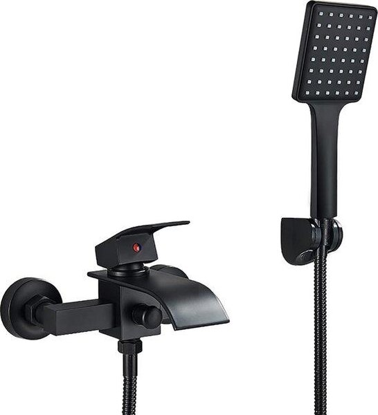 Miscelatore monocomando per lavabo Famanu Badarmatur, finitura nera opaca, con erogatore a cascata e doccetta manuale ABS – funzionamento con una sola mano