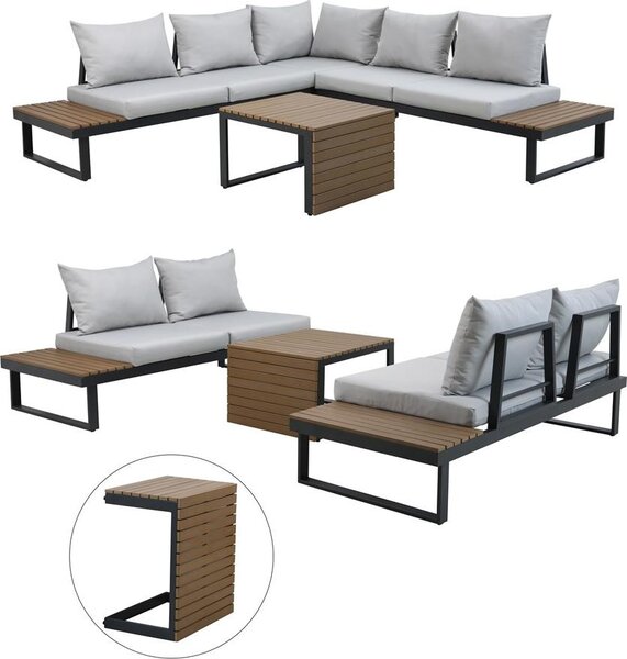 Set modulare da giardino: divano, angolo, tavolo, grigio, 159 x 68,5 x 63 cm