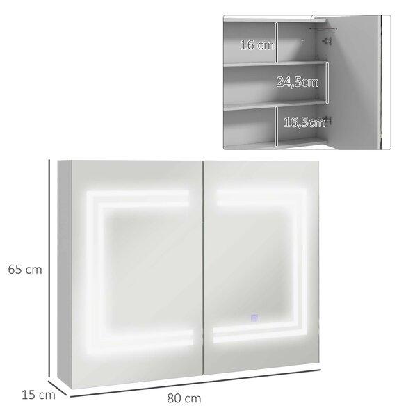 Kleankin Specchio Bagno Contenitore con Luce LED, 80 x 65cm Mobile Bagno con Specchio, Anta Soft Close, Dimmerabile a 3 Colori, Ripiani Regolabili, Bianco Lucido | Aosom Italy
