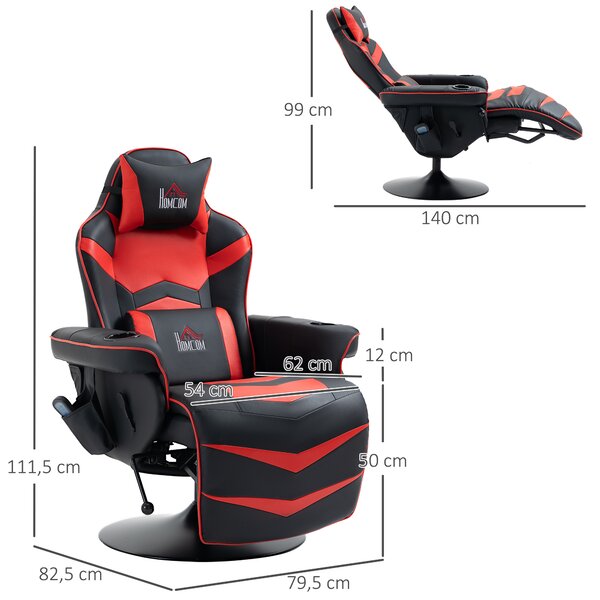 HOMCOM Sedia da Gaming Massaggiante con Poggiapiedi e Cuscino, in Finta Pelle, 79.5x82.5x111.5 cm, Nero e Rosso | Aosom Italy