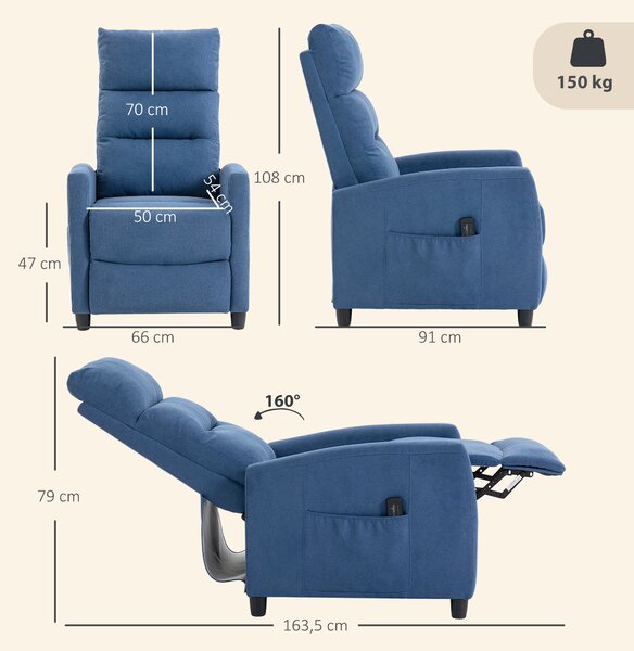 HOMCOM Poltrona Massaggiante Reclinabile Manuale 160° in Ciniglia con Poggiapiedi, Telecomando, Tasche, Blu Scuro | Aosom Italy