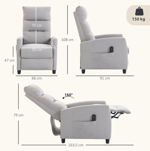 HOMCOM Poltrona Massaggiante Reclinabile Manuale 160° in Ciniglia con Poggiapiedi, Telecomando e Tasche, Grigio Chiaro | Aosom Italy
