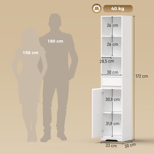 HOMCOM Mobile da Bagno Alto con 3 Ripiani Aperti, 1 Cassetto e 1 Armadietto Regolabile, 33x30x172 cm, Bianco | Aosom Italy