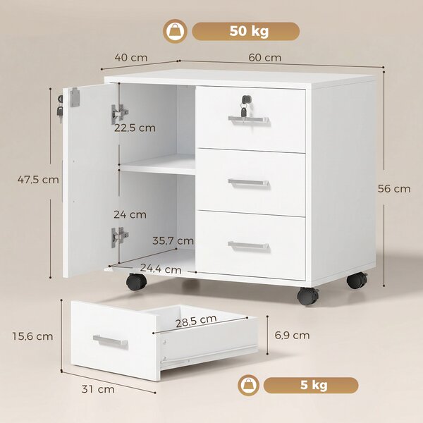 HOMCOM Schedario per Ufficio con 3 Cassetti e Armadietto con 3 Ripiani Regolabili, in Legno, 60x40x56 cm, Bianco