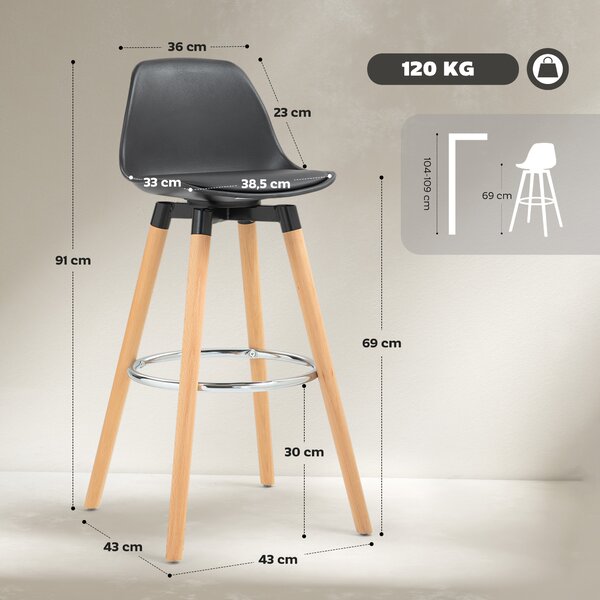 HOMCOM Set 2 Sgabelli Bar in PU Moderni, Sgabelli Cucina Alti con Schienale, Poggiapiedi in Acciaio, Seduta Alta 69 cm Imbottita, Gambe in Legno | Aosom Italy