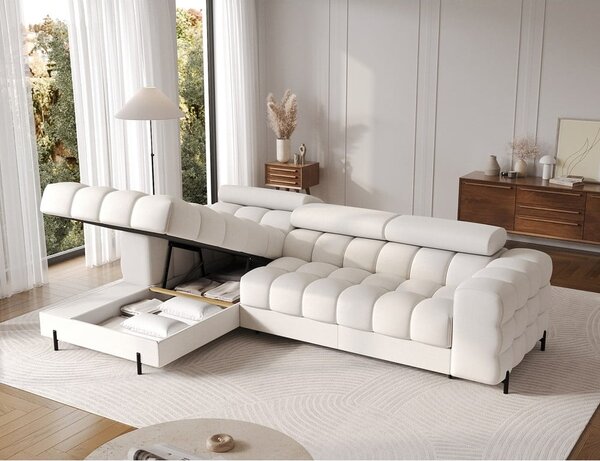 Divano angolare color crema allungabile/con contenitore (con penisola a sinistra/con chaise lounge) con rivestimento in bouclé Felro – ELTAP