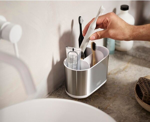 Portaspazzolino verticale argentato in acciaio inox Duo Steel – Joseph Joseph