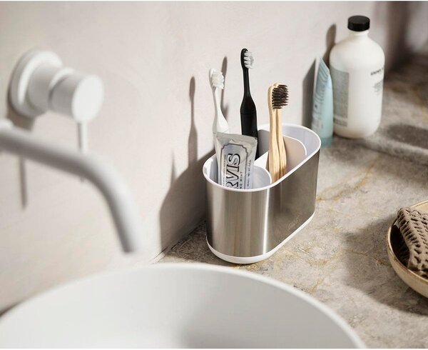 Portaspazzolino verticale argentato in acciaio inox Duo Steel – Joseph Joseph