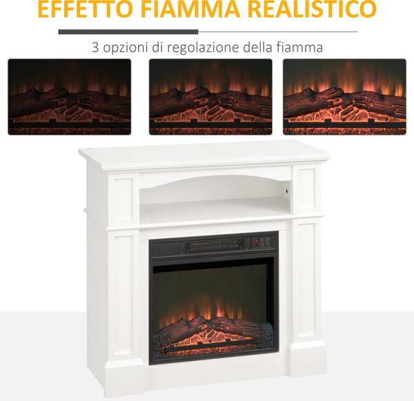 HOMCOM Camino Elettrico con Effetto Fiamma LED Regolabile 1800 W, Telecomando, Timer e Ripiano Integrato, Bianco | Aosom Italy