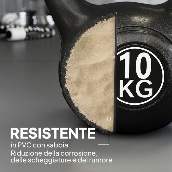 HOMCOM Kettlebell in PVC con Sabbia 10Kg, Fondo Piatto, Maniglia Liscia Anti-Sfregamento, Nero | Aosom