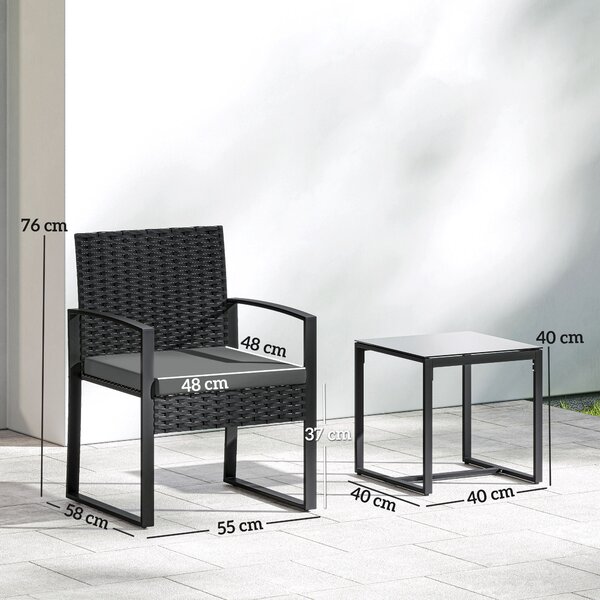 Outsunny Set bistro in rattan, set da giardino 3 pezzi con 2 sedie da giardino, tavolino, cuscini rimovibili grigio scuro | Aosom Italy