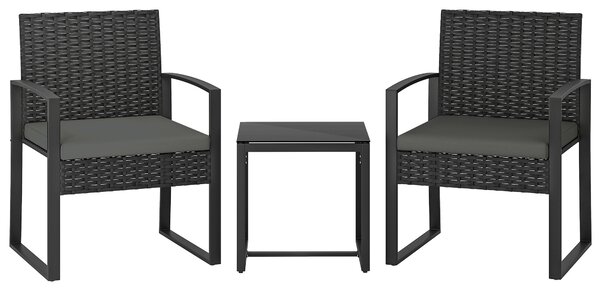 Outsunny Set bistro in rattan, set da giardino 3 pezzi con 2 sedie da giardino, tavolino, cuscini rimovibili grigio scuro | Aosom Italy