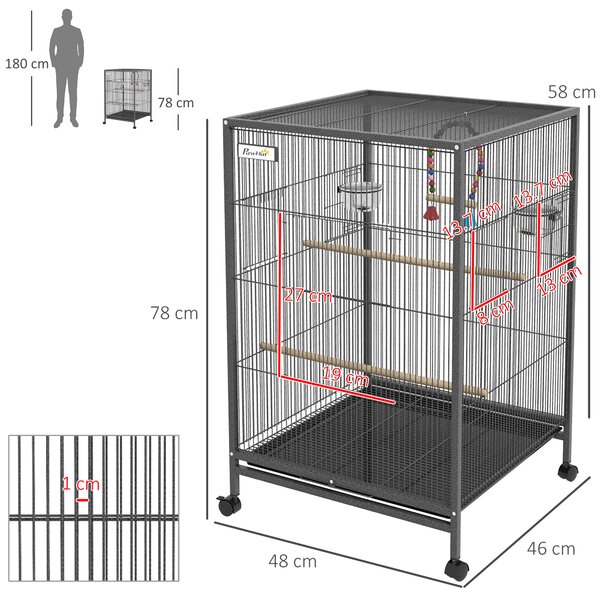 PawHut Gabbia per Uccelli con 5 Porte, 2 Posatoi e Vassoio Estraibile, in Acciaio e PP, 48x46x74 cm, Grigio | Aosom Italy