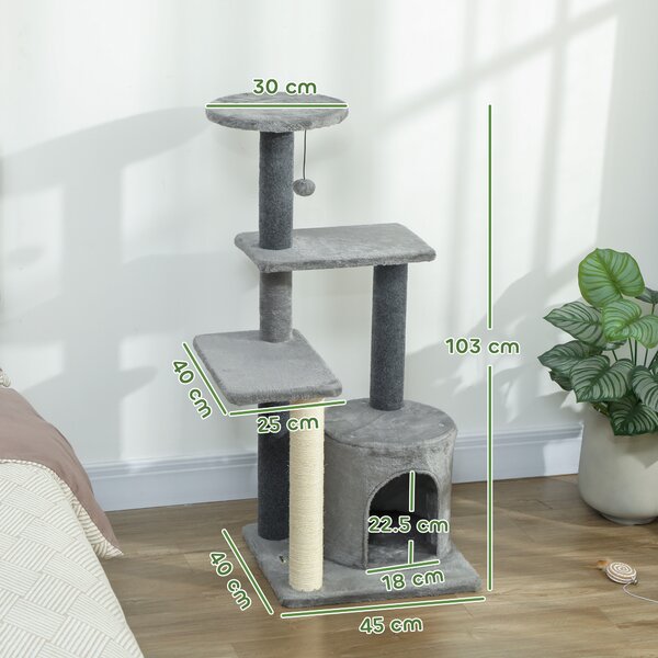 PawHut Albero per Gatti Multilivello Alto 103 cm con Pali Tiragraffi in Sisal, Casetta e Pallina in Peluche, Grigio | Aosom Italy
