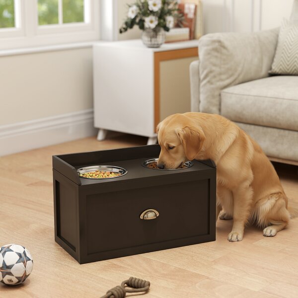 PawHut Ciotole per Cani Rialzate in Acciaio Inox e Legno con Cassetto, 60x30x36cm, Marrone | Aosom Italy