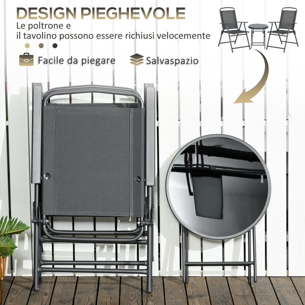 Outsunny Set da Giardino 3 Pezzi con 2 Sedie 53.5x64x93 cm e Tavolino da Caffè Ø45x50 cm, in Metallo, Grigio Scuro | Aosom Italy