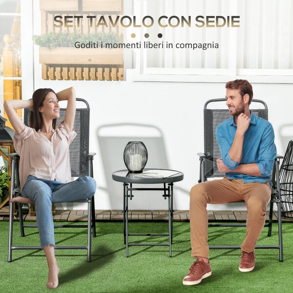 Outsunny Set da Giardino 3 Pezzi con 2 Sedie 53.5x64x93 cm e Tavolino da Caffè Ø45x50 cm, in Metallo, Grigio Scuro | Aosom Italy