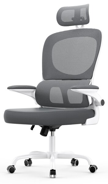 Sedia da ufficio ergonomica con poggiatesta e braccioli regolabili, schienale reclinabile a 120°, supporto lombare autoadattante, grigio scuro