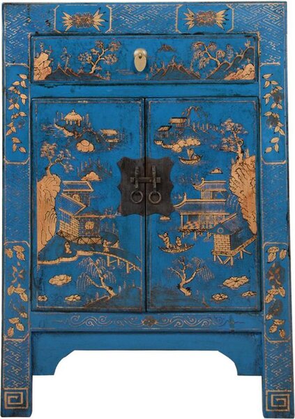 Fine Asianliving Armadio cinese blu Paesaggio dipinto a mano L58xP37xH85cm Armadio cinese Armadio nuziale cinese Mobili orientali Mobili asiatici