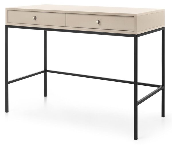 Comò da trucco con due cassetti, color beige, maniglie nere, dimensioni 104 x 50 x 78 cm