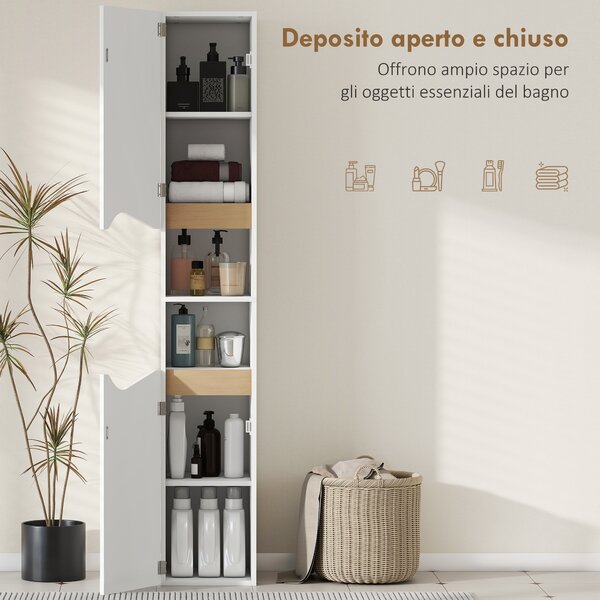 HOMCOM Mobile Colonna Bagno in Legno con 2 Ripiani Aperti e 2 Armadietti, 30x34.6x180.5 cm, Bianco e color Legno | Aosom Italy