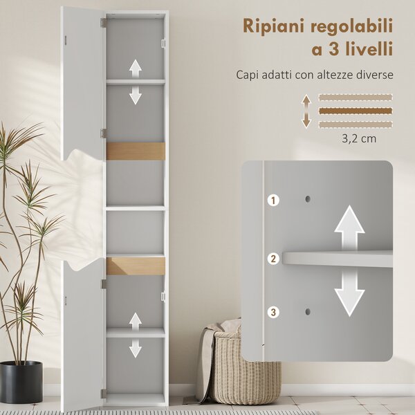 HOMCOM Mobile Colonna Bagno in Legno con 2 Ripiani Aperti e 2 Armadietti, 30x34.6x180.5 cm, Bianco e color Legno | Aosom Italy