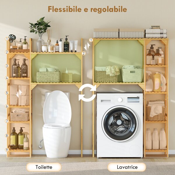 HOMCOM Mobile Sopra Lavatrice a 7 Ripiani con Spazio Regolabile, in Bambù, 100x40x157 cm, color Legno | Aosom Italy