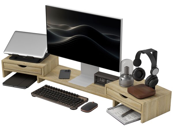 HOMCOM Rialzo per monitor per ufficio supporto per schermo da 60-116 cm con 2 cassetti, lunghezza e angolo regolabili
