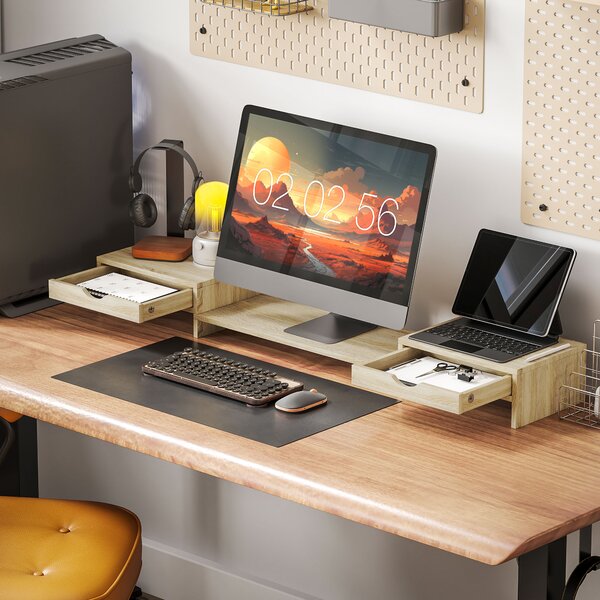 HOMCOM Rialzo per monitor per ufficio supporto per schermo da 60-116 cm con 2 cassetti, lunghezza e angolo regolabili