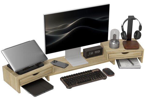 HOMCOM Rialzo per monitor per ufficio supporto per schermo da 60-116 cm con 2 cassetti, lunghezza e angolo regolabili
