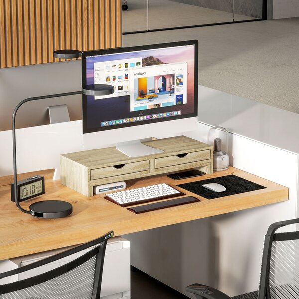 HOMCOM Rialzo per monitor per ufficio supporto per schermo da 60-116 cm con 2 cassetti, lunghezza e angolo regolabili