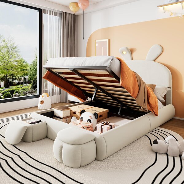 Letto imbottito 140x200 cm, rivestito in velluto beige, con spazio contenitore e illuminazione LED, testiera a forma di orecchie da coniglio, ideale per camerette, camere da letto per adolescenti e camere per ospiti