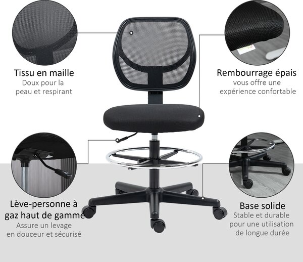 Vinsetto Sedia da ufficio con seduta alta in mesh altezza regolabile 50-70 cm con poggiapiedi girevole 360° nero