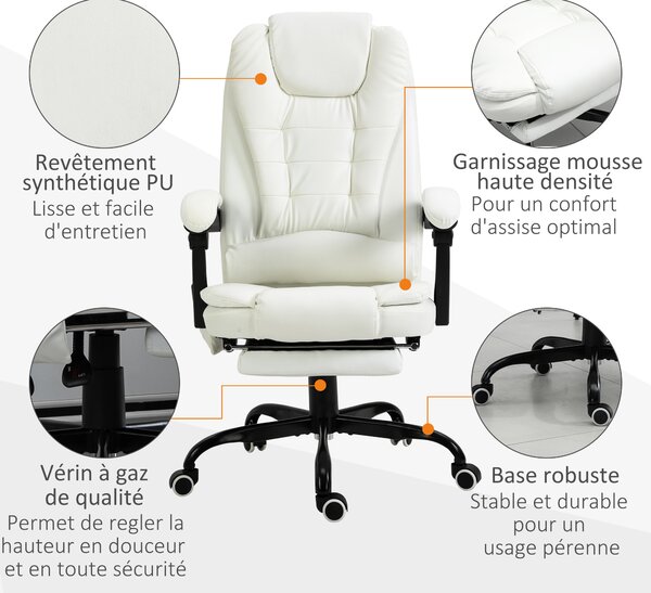 Vinsetto Sedia da ufficio con massaggio, poltrona da ufficio, sedia ergonomica con altezza regolabile, schienale reclinabile e telecomando con cavo, poggiapiedi retrattile e girevole a 360°, bianco
